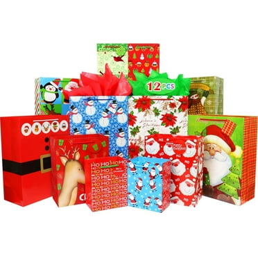 Christmas Gift Bags Bulk Set Includes 4 Extra Large 4 Large 4 Medium with Tags and Handles Christmas Print Gift Bags Assorted Sizes for Wrapping Holiday Gifts (Pack of 12)