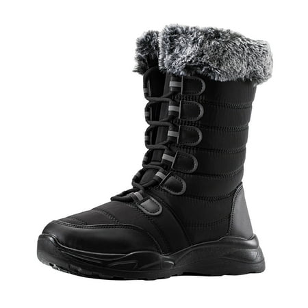 

Black Boots for Women Men Snow Boots Round Toe Water Proof Flat Heel Warm Winter Lace Up Solid Color Mid Calf Snow Boots for Women cloth Black