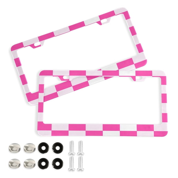 2-Pack Aluminum License Plate Frame with 2 Holes for GM License Plate Cover with Free Screws Hot Pink Checkered Pattern