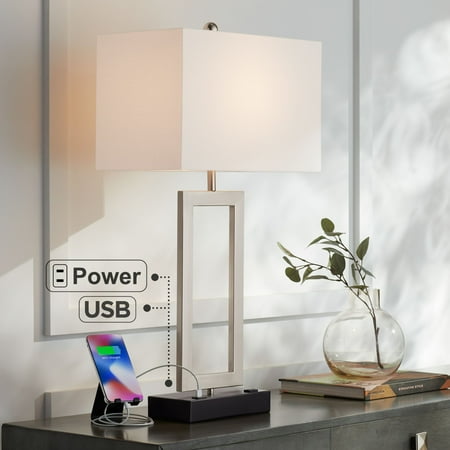 360 Lighting Todd Modern Table Lamp 30  Tall Steel Open Rectangle with USB and AC Power Outlet in Base White Shade for Bedroom Living Room Bedside