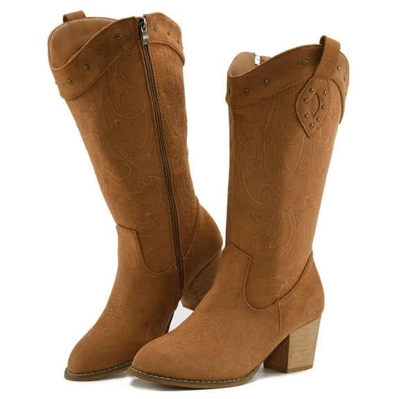 Ecetana Cowboy Boots For Women Mid Calf Cowgirl Boots Embroidered Western Boots With Chunky Heel