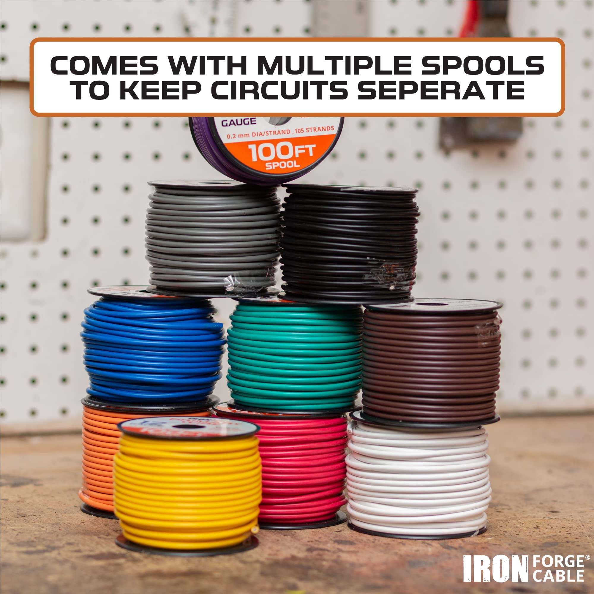 Iron Forge Cable 20 Gauge Wire - 100ft Copper Clad Aluminum Primary Wire per Roll - 20 AWG Heavy Duty Cables for Speakers - 10 Roll Assortment Pack