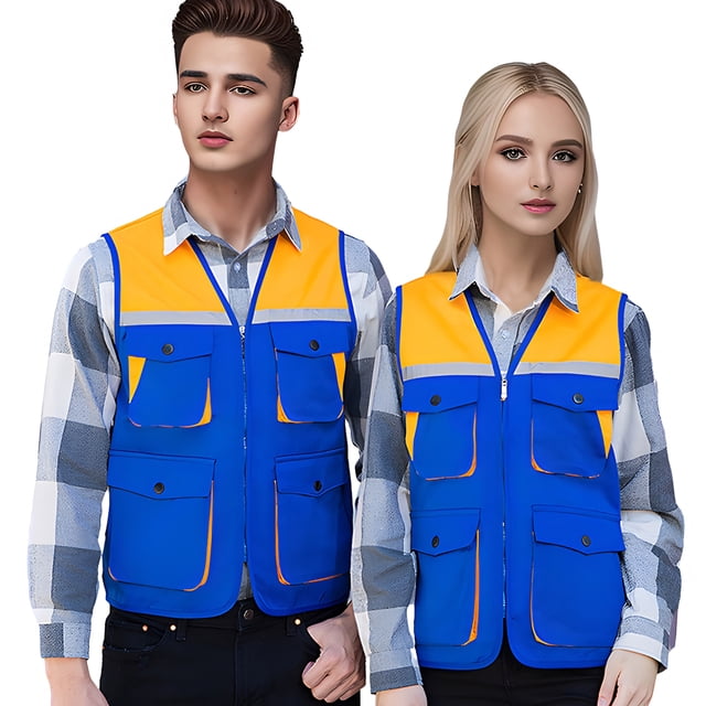 TOPTIE Reflective Working Vest with 4 Pockets Color Block Zipper Front High Visibility with Reflective Strips-Royal Blue-L