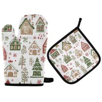 Yayeee Oven Mitts and Pot Holder Set of 2 Heat Resistant Kitchen Gloves Baking Hot Pad, Brown Christmas House