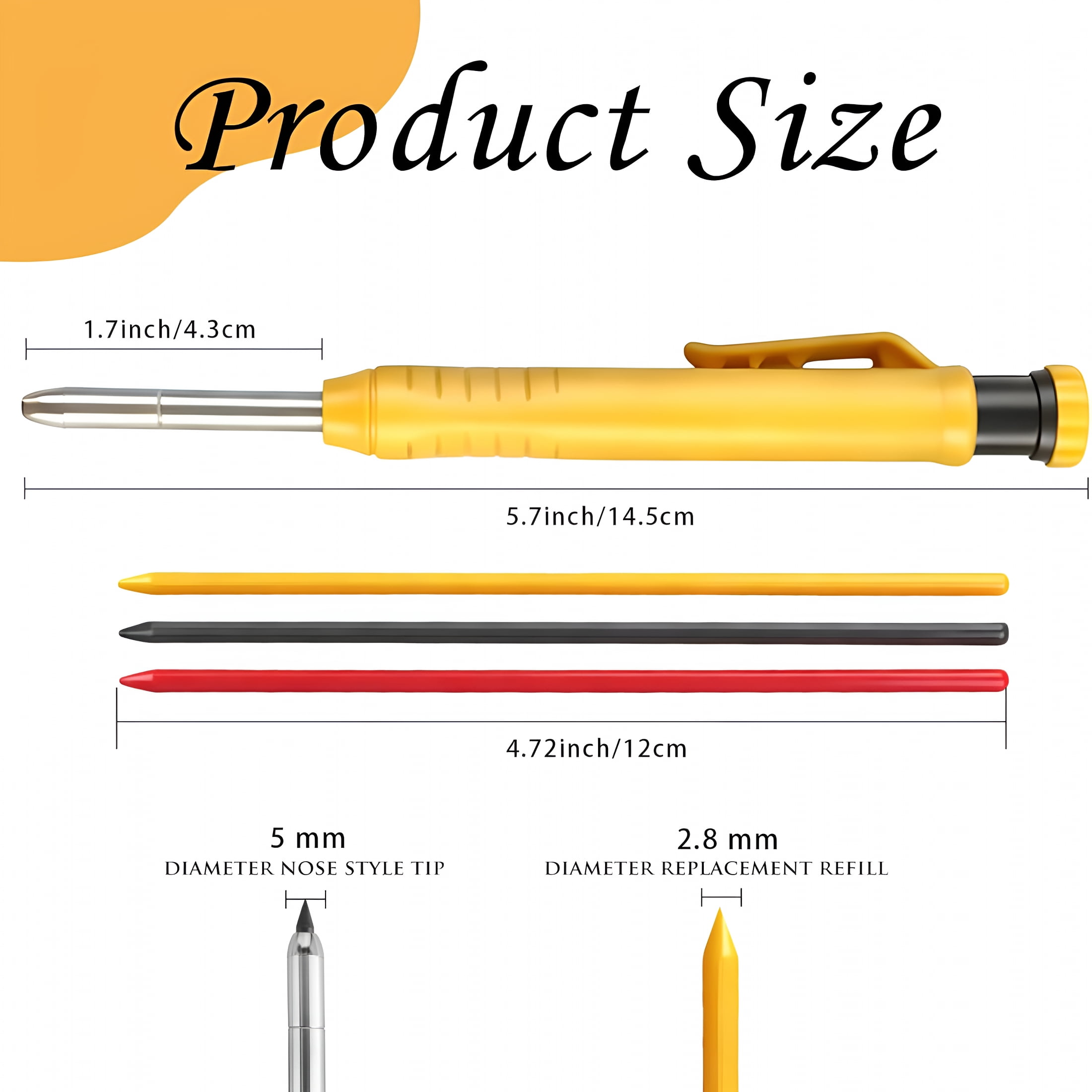 CCOCC 2026 New 12 Pcs Solid Carpenter Pencils with Built in Sharpener Long Nosed Deep Hole Mechanical Pencil Marker Construction with 72 Pcs 2.8Mm Refills for Drafting Architect Tool Woodworking