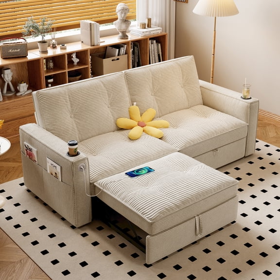 Leumius 73.2" Convertible Corduroy Sofa Bed with Pull Out Bed ,2-in-1 Multi-Functional Sofa Couch with Steel Frame for Living Room,Bedroom,Apartment,Small Spaces,White