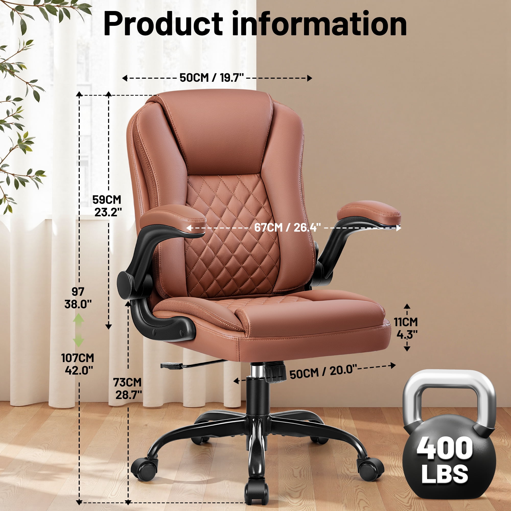 ATHOPE Leather Office Chair, 400lbs Ergonomic Desk Chairs with Back Support, Computer Chair with Wheels and Adjustable Armrest for Home Office, 360°Swivel Free, Brown