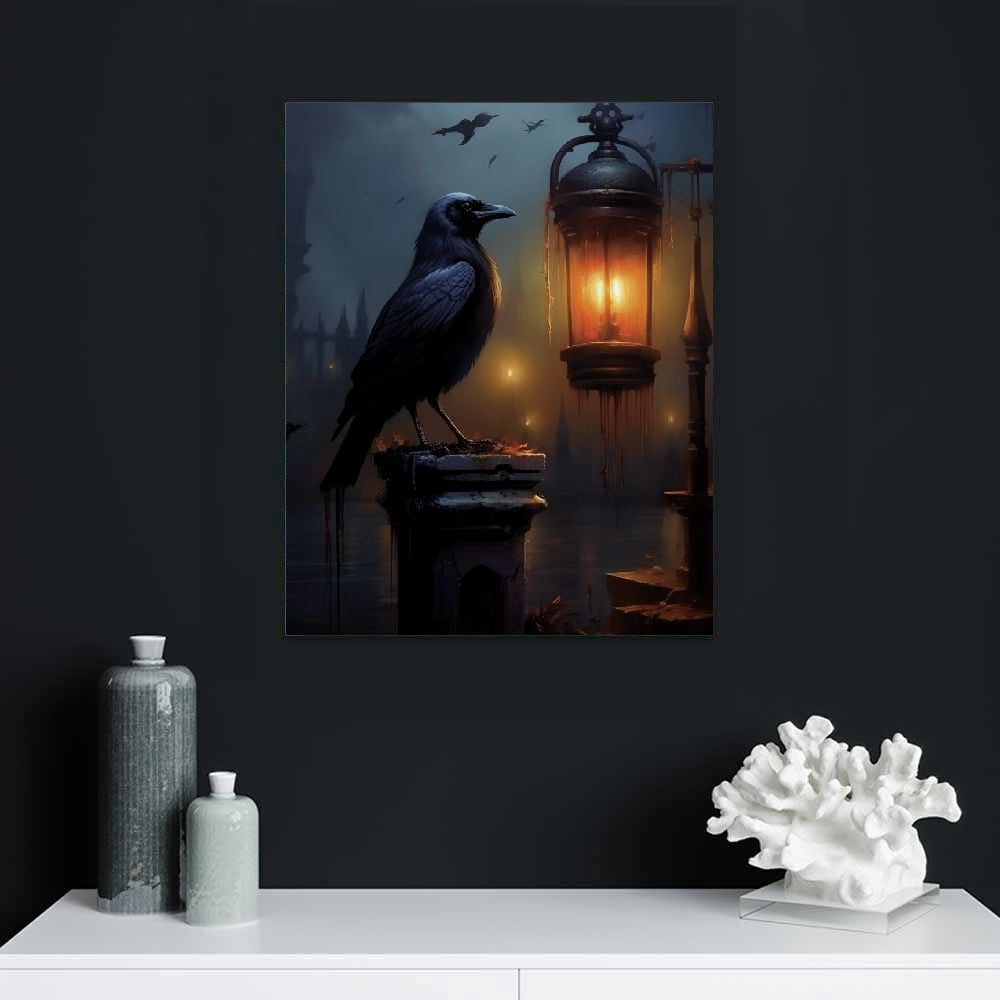 COMIO Wall Art Black Crow Vintage Animal Canvas Dark Academia Paintings Vintage Raven Prints Crow Artwork For Wall Dark Academia Posters Vintage Lighted Picture Dark Gothic Art Wall Decor