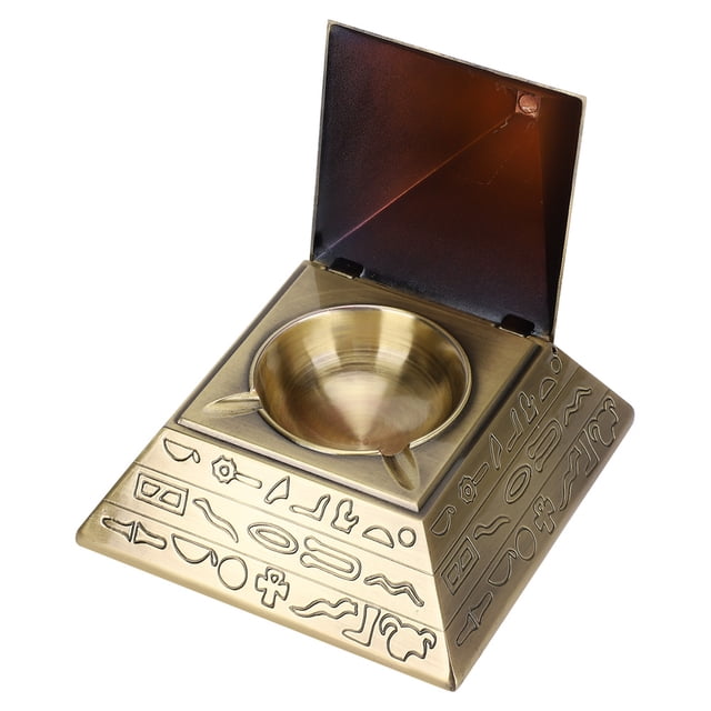 Cenicero de metal con tapa Adornos de oficina retro Regalos para fumar Forma de pirámides egipcias (bronceado)