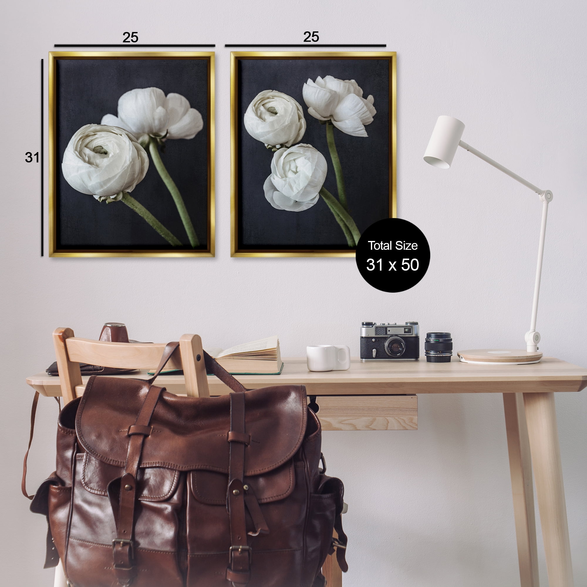 Stupell Industries Simple Black & White Peony Plants & Flowers Photography Gold Floater Framed Canvas Art Print Wall Art, 31 x 25, Set of 2