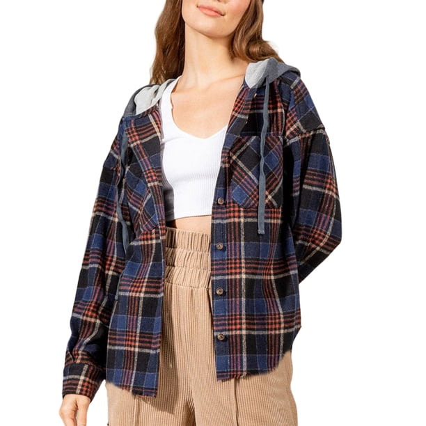 Txlixc Chaqueta a cuadros para mujeres, chaqueta de botón con capucha de manga larga, chaqueta de calle casual Txlixc moda
