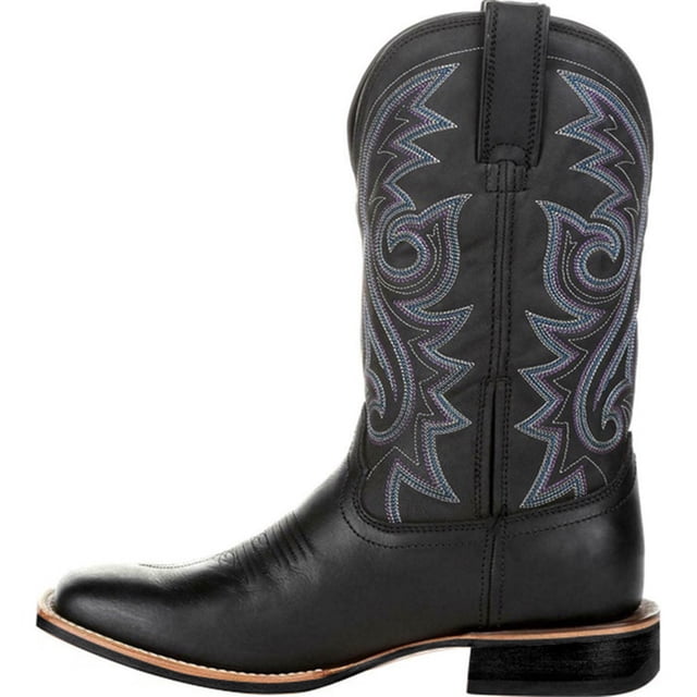 Botas retro de cuero bordadas para hombre, botas de suela gruesa con punta ancha y tubo medio