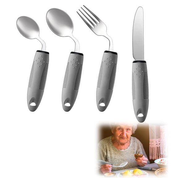 Sutowe 4Pcs Stainless Steel Adaptive Cutlery Set 42° Angle Adaptive Eating Utensil with Comfortable Handle Secure Grip for Parkinson
