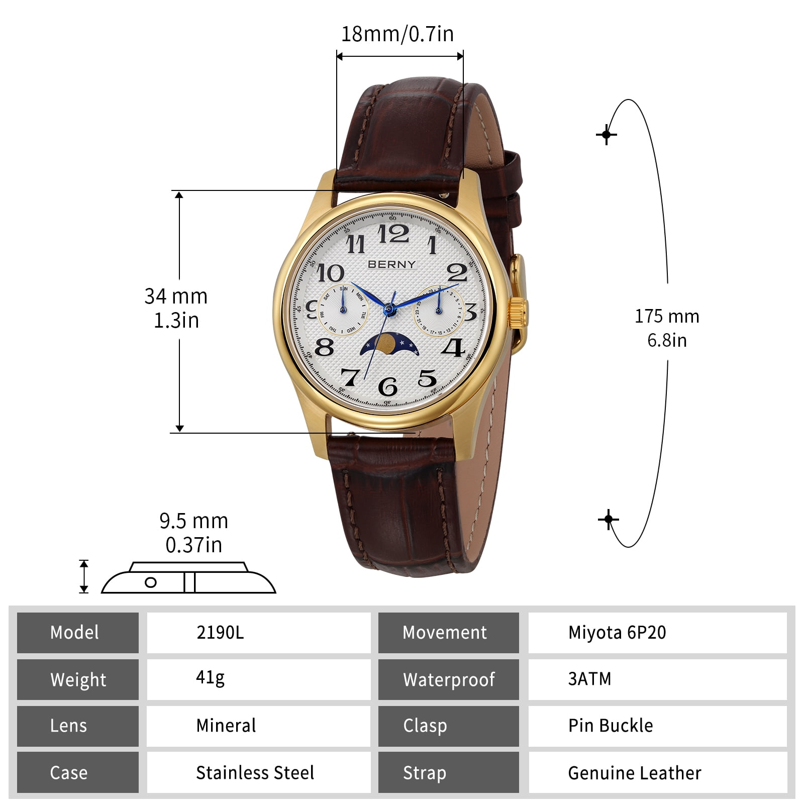 BERNY Dress Watches for Women, MultiFunction Leather Watch with Moon Phase, Day & Date Calendar, Stainless Steel Case, Easy to Read, Waterproof, Ladies Analog Quartz Wrist Watch (Gold)