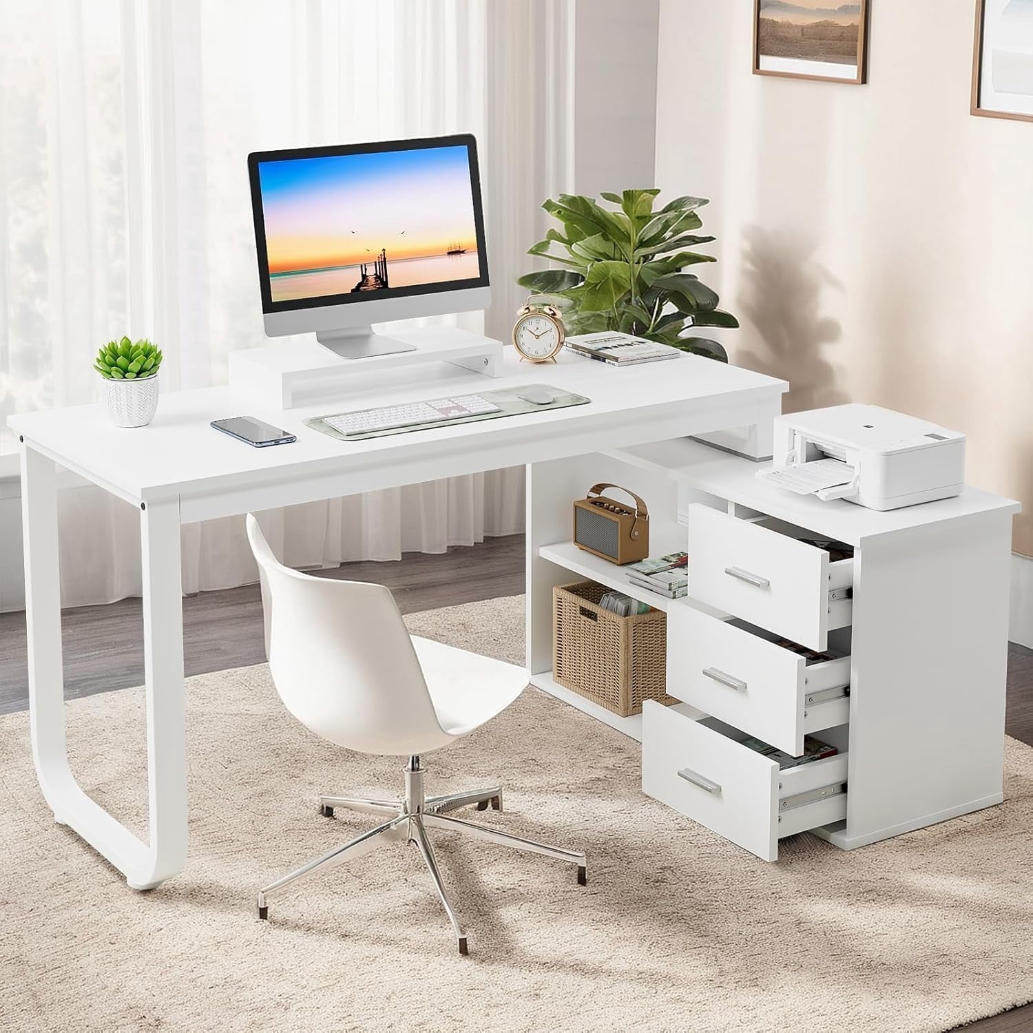 DreamCurship 55 Inch White Reversible L Shaped Desk with 3 Storage Drawers, Computer Desk with Shelves and Monitor Stand, Corner Desk for Small Spaces, White