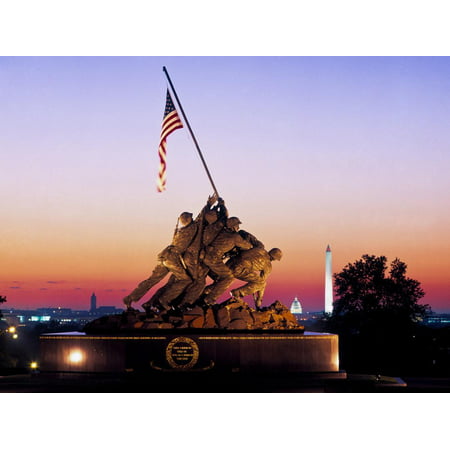 Iwo Jima Memorial at dawn, Washington Monument, Washington DC, USA Print Wall