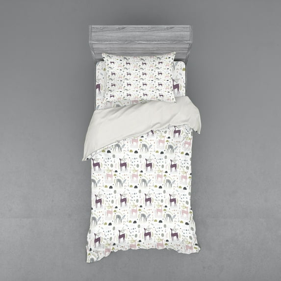 Forest Duvet Cover Set, Enchanted Woodland Creatures Deer with Curved Antlers Foliage Dotted Rocks Pattern, Bedding Set with Shams and Fitted Sheet, 3 Sizes, by Ambesonne