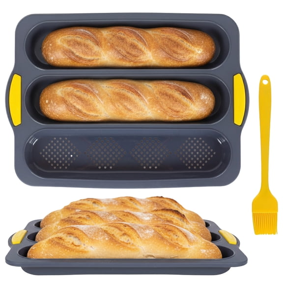 YOYTOO Silicone Bread Loaf Pan, 3 Cavity French Baguette Sourdough HotDog Bun Sub Roll Molds with Brush for Homemade Baking Bread