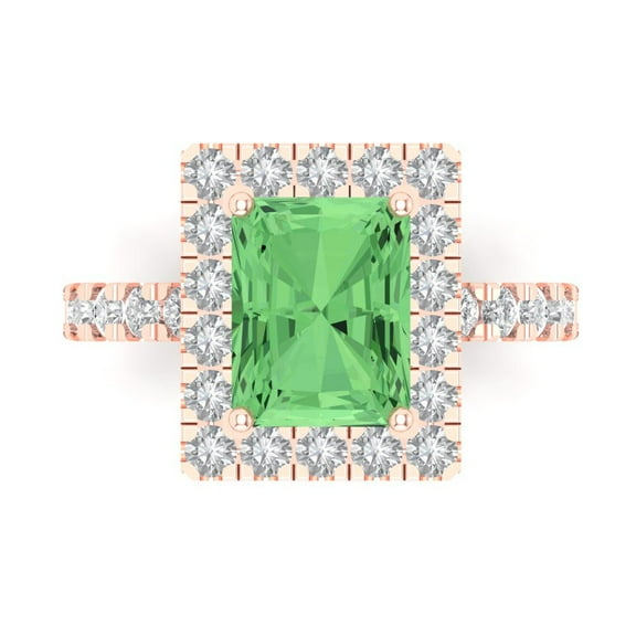 3.84ct emerald cut green Crystal 14k pink rose gold engraving statement Bridal Wedding halo Designer Ring size 7.5