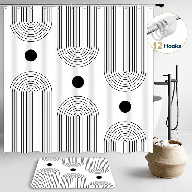 Juego de Cortina de Ducha Boho Dznils con Alfombra, 12 Ganchos, Blanca, 72" x 72"