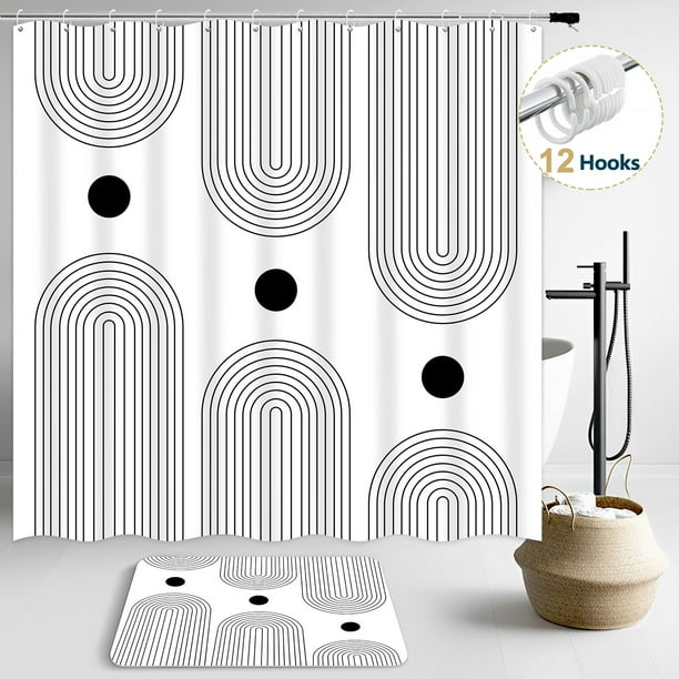 Juego de Cortina de Ducha Boho Dznils con Alfombra, 12 Ganchos, Blanca, 72" x 72"
