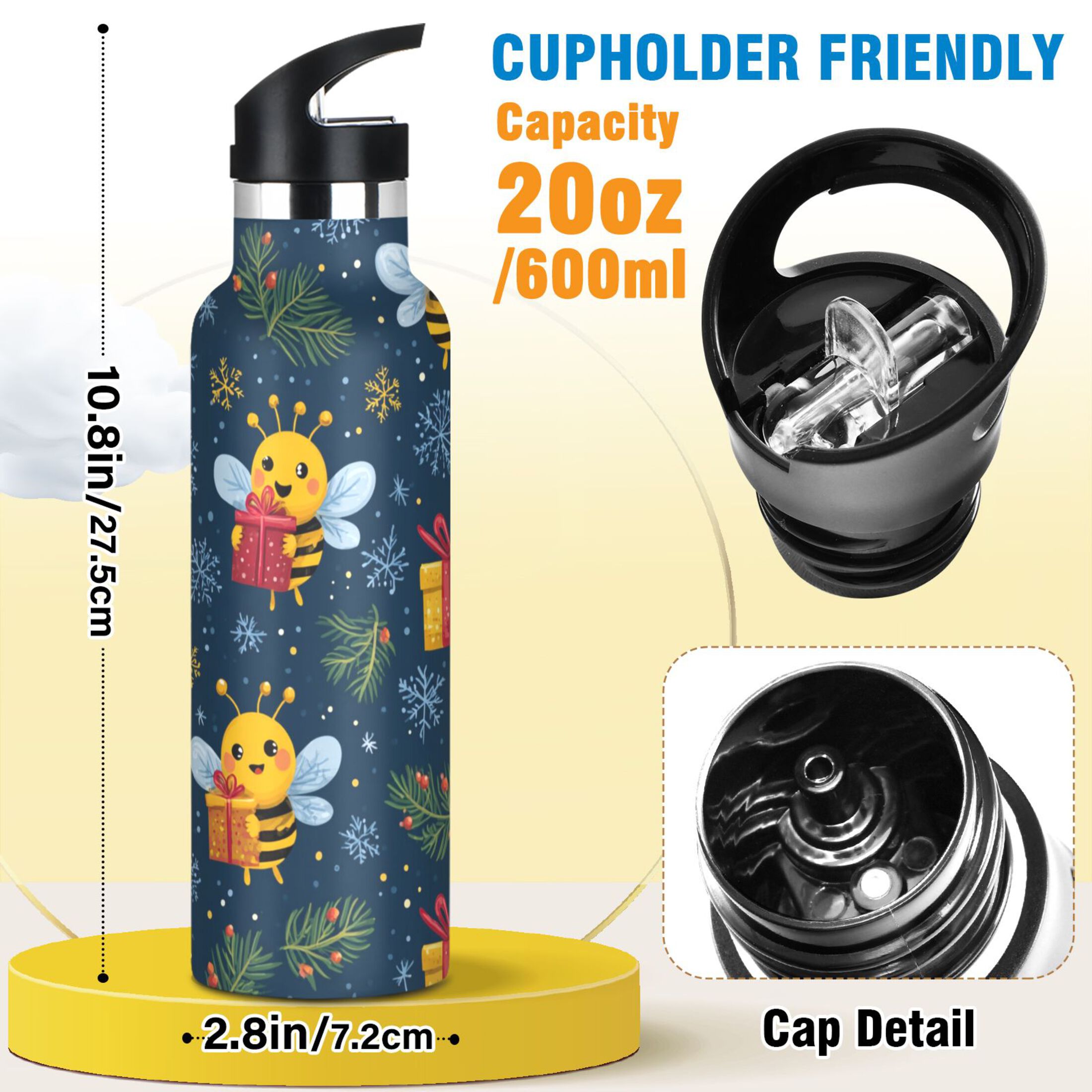 600ML Stainless Steel Insulated Cup Sports Water Bottle Portable Thermos Cup Water Glasses Insulated Tumblers Convenient and Durable Christmas Bees