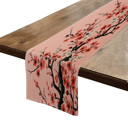

BaHomeck Table Runner 13*72 In Set Of 1 Cherry Blossoms In Full Bloom With Red And White Flowers High Density Cotton Linens Machine Washable Table Runner For Kitchen Dining Table Coffee Table Decor