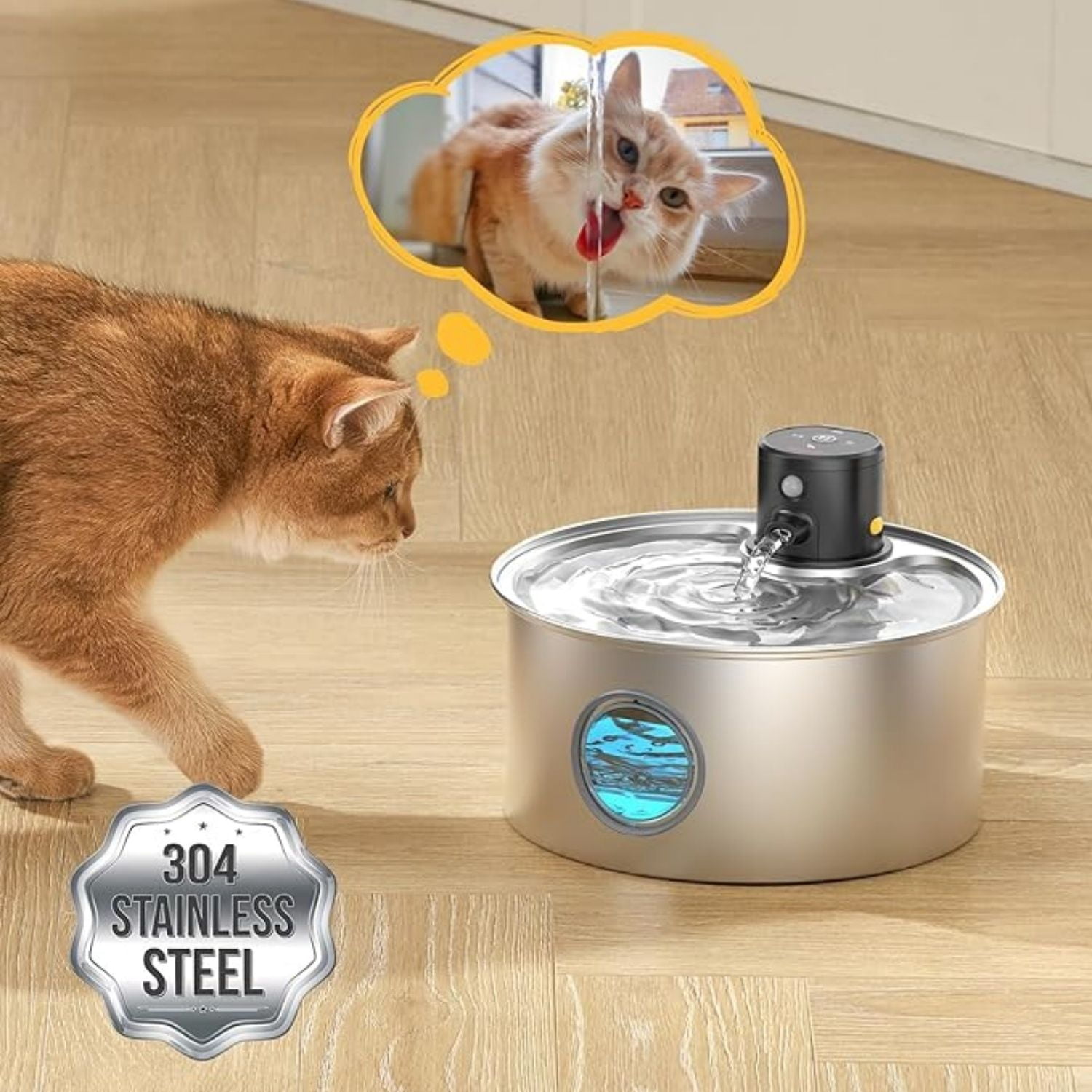 Cat Fountain Battery Operated - Stainless Steel Pet Water Fountain Rechargeable - 108oz/3.2L Automatic Cats Fountains for Drinking with Motion Sensor - Cats & Dog