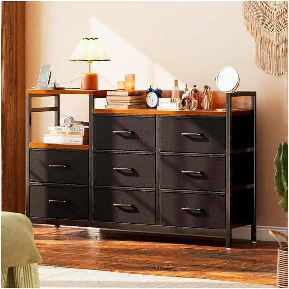UTILIA Cómoda Cajonera para Recámara Negra con 8 Cajones, Mueble Organizador de Almacenamiento Estilo Moderno