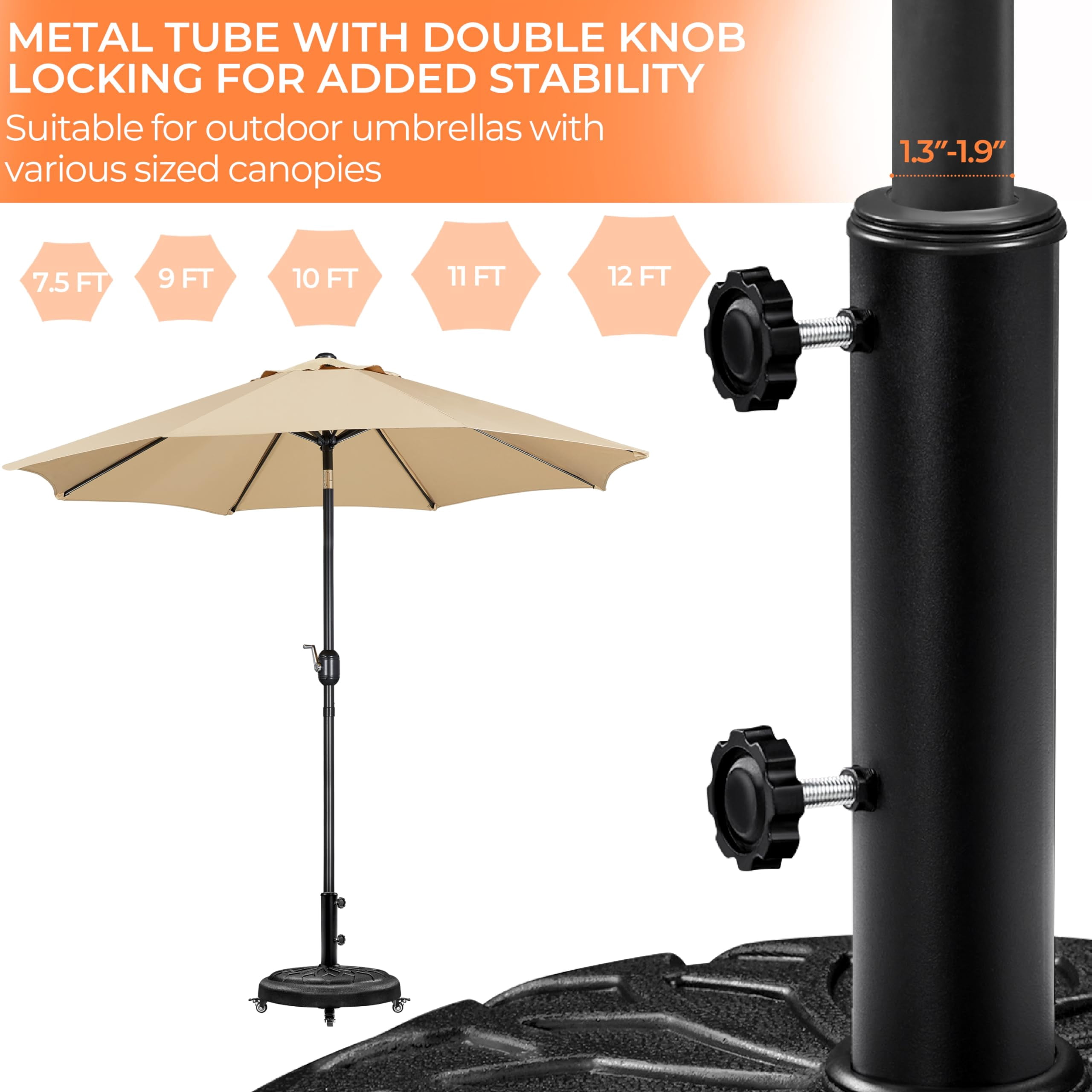 Heavy Duty 45lb Round Umbrella Base with Lockable Wheels, 20 Inch Market Patio Umbrella Stand for Garden, Yard, Outdoor Use, Fits Standard Umbrella Poles, Black