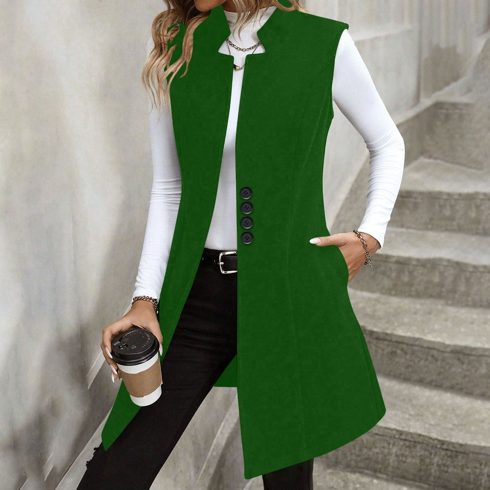 Long Waistcoat Women Fall Winter Sleeveless Vests Suit Elegant Cardigan Blazer Waistcoat with Pockets Jacket for Lady Cold Weather Green L