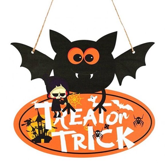 Pumpkin Hanging Door Sign With 3D Bat Stickers, Trick Or Treat Wall Hanger For Front Door Party Decor