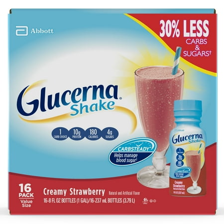 - Glucerna Shake, To Help Manage Blood Sugar, Creamy Strawberry, 8 fl oz, Pack of 16