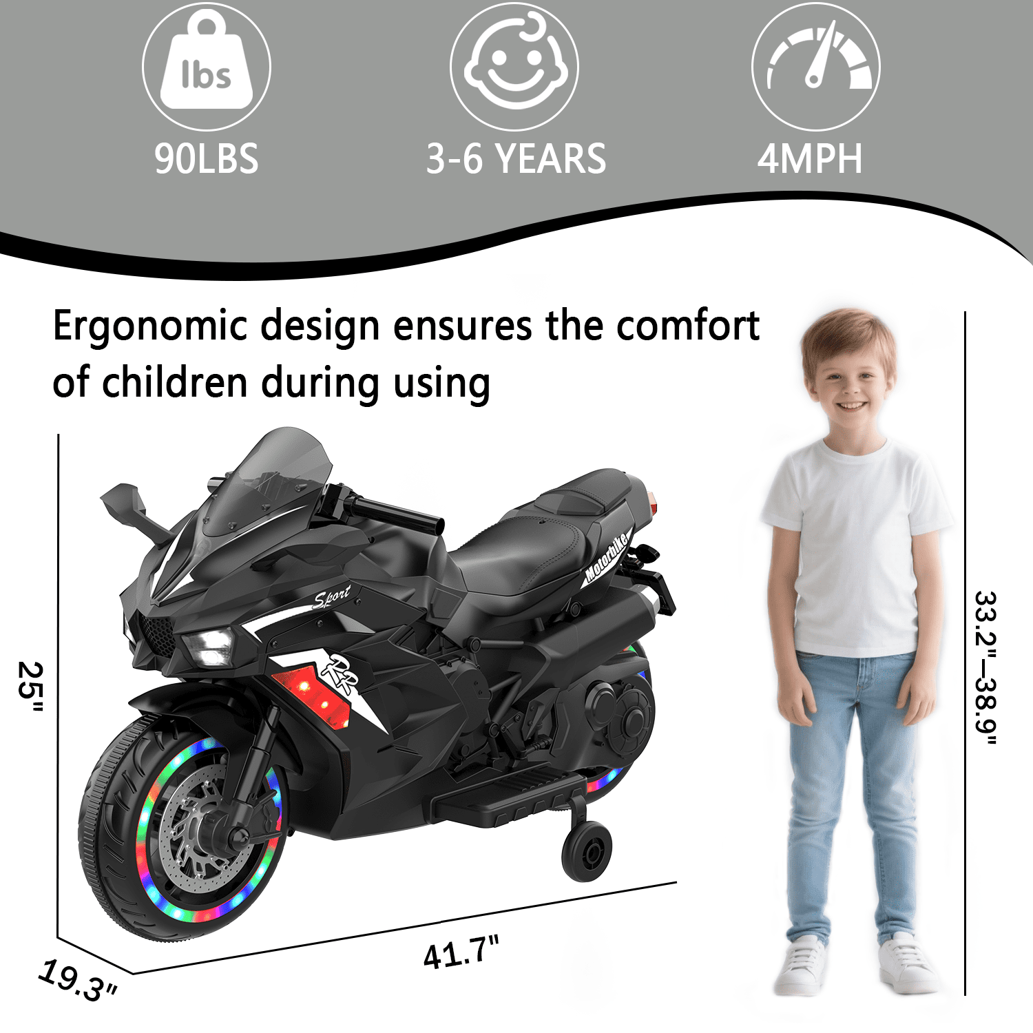 Werseon 12V Motorcycle Ride on Toy for Kids Ages 3+, Rechargeable Motorcycle with LED Light & Training Wheels, up to 90lbs, Black