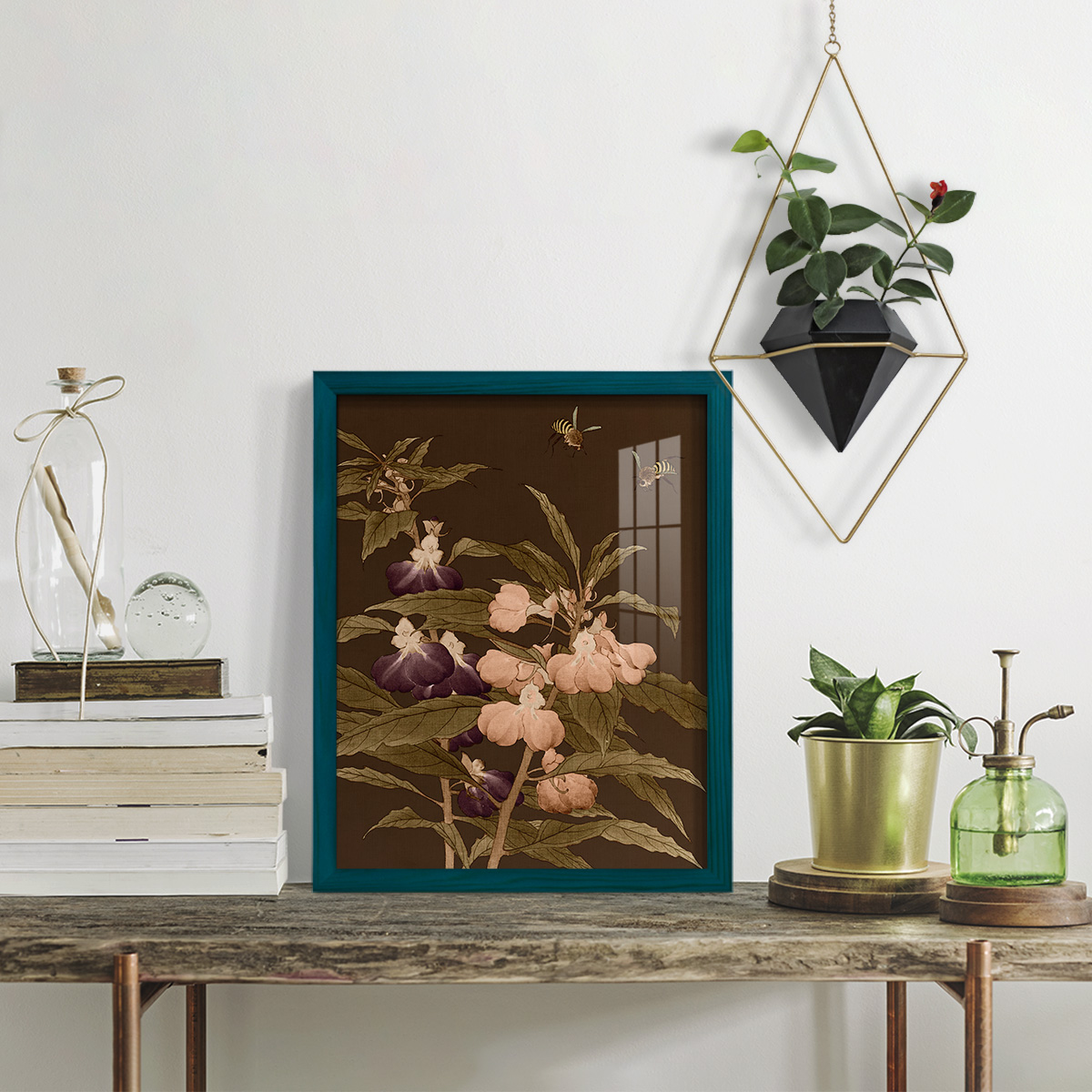 Asian Brocade IV - Framed Print w/glass - Ocean Blue