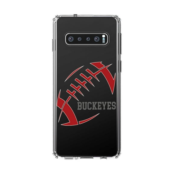 DistinctInk Clear Shockproof Hybrid Case for Samsung Galaxy S10 (6.1" Screen) - TPU Bumper, Acrylic Back, Tempered Glass Screen Protector - Buckeyes Football - Scarlet, Gray