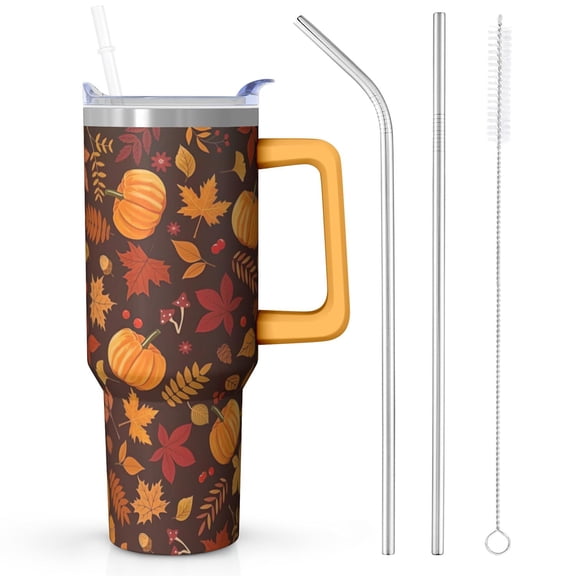 40oz Leakproof Tumbler w/ Straw - Stainless Steel Vacuum Insulated, Fall Maple Leaves Handle Cup Gift for Adults