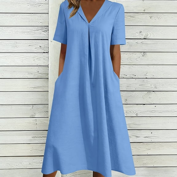 Xdegoge Casual Dresses for Women Loose Fit Notch V-Neck Midi Dresses Short Sleeve Shift Dress Denim Texture Front Pleat Side Pockets Office Wear