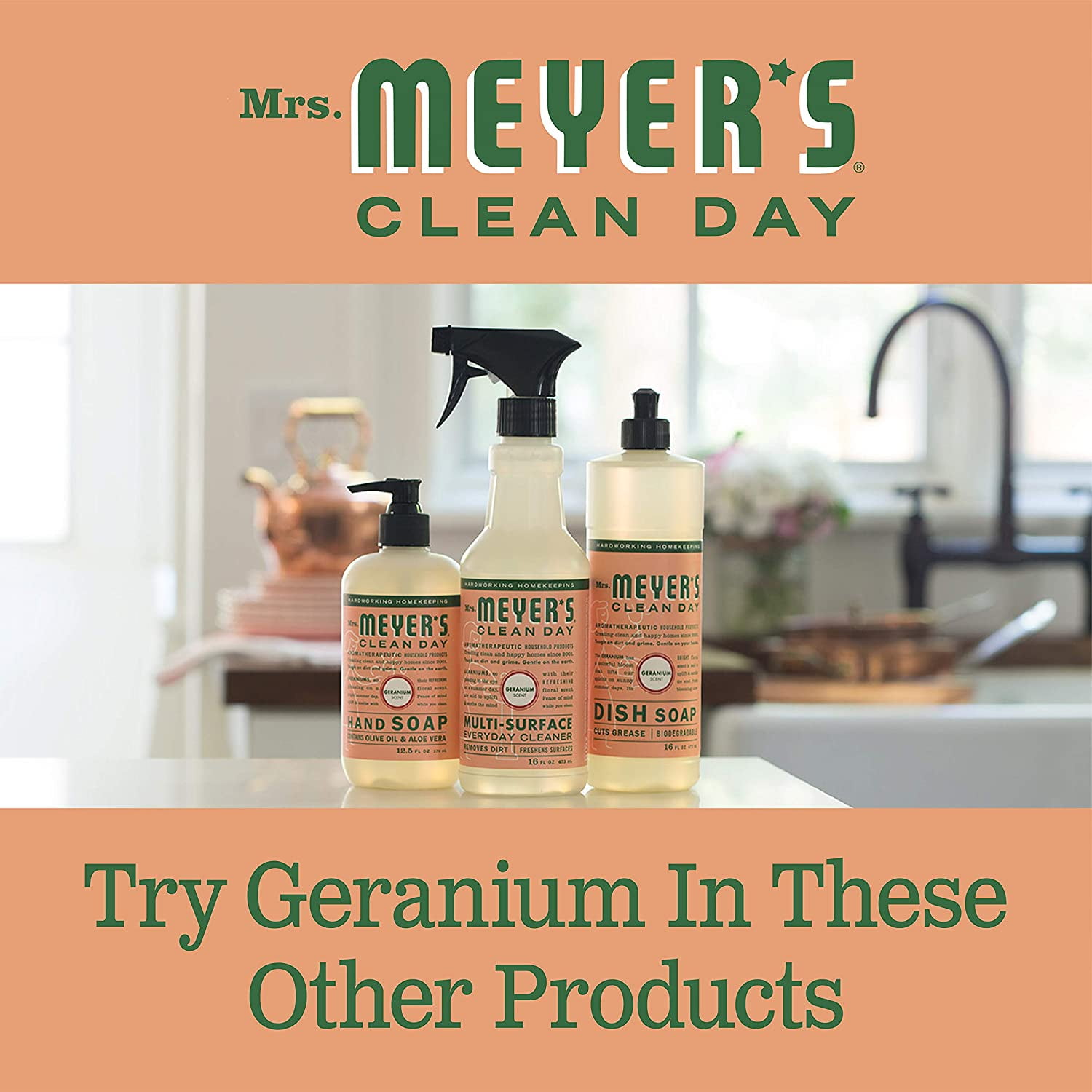 Mrs. Meyer's Geranium Kitchen set, Dish soap, Hand soap, and Multi-surface Cleaner, 1 CT