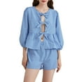 thumbnail image 2 of Musuos Women's 2 Piece Summer Outfits Puff Sleeve Bow Tie Front Babydoll Tops Wide Leg Shorts Sets Casual Streetwear, 2 of 8