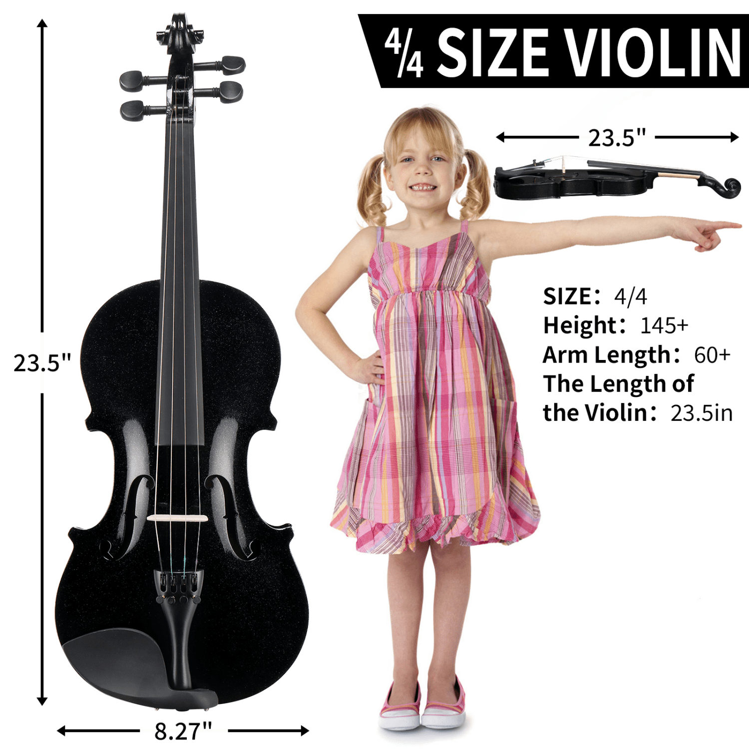 Hassch 4/4 Acoustic Violin Set with Case, Bow and Rosin, Fiddle Starter Kit with Sordine, Extra Strings and Shoulder Rest for Beginners, Black