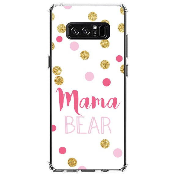 DistinctInk Clear Shockproof Hybrid Case for Samsung Galaxy Note 8 - TPU Bumper, Acrylic Back, Tempered Glass Screen Protector - Pink White Gold "Mama Bear"