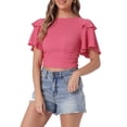 thumbnail image 4 of INSPIRAR CHIC Blusas cortas de estilo bohemio con lazo frontal para mujeres, con mangas cortas acampanadas texturizadas y escote en V profundo, ropa de playa M Rosa Fucsia, 4 of 6