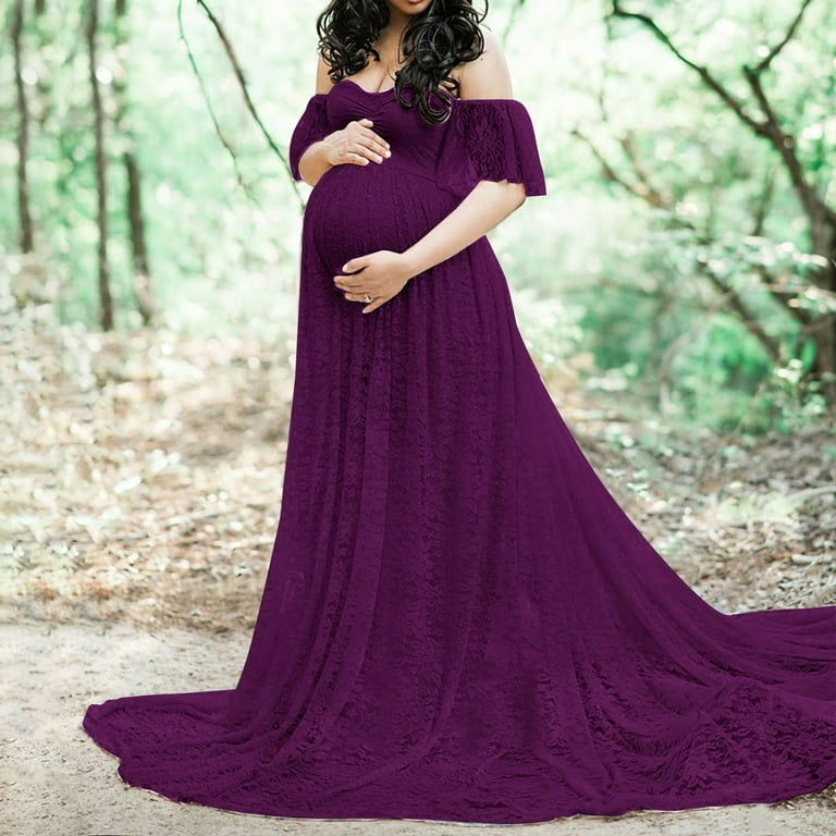 Vedolay Spring Maternity Dresses Maternity Dress,Off Shoulders Drop Sleeve  Maternity, Photo Prop Dress, Maxi Wedding Gown-Baby Shower,C-Purple L
