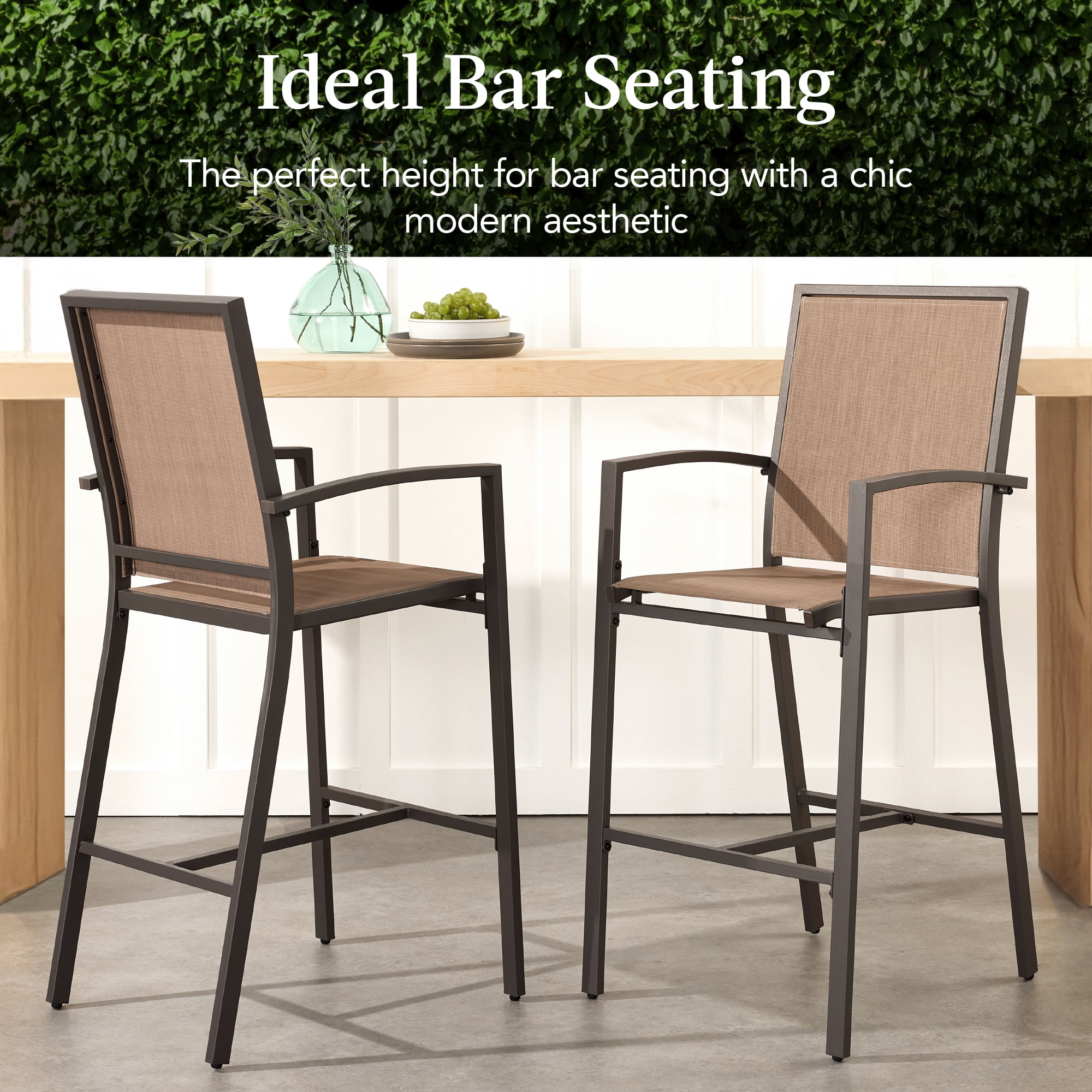 Best Choice Products Outdoor Barstools Set of 2, Bar Height Patio Chairs w/ All-Weather Mesh - Brown/Light Brown