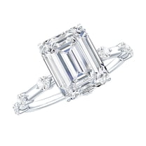 Rosec Jewels Emerald Cut Moissanite Solitaire Engagement Ring with Spaced Accent - 7X9 mm, 925 Sterling Silver, US 7.00