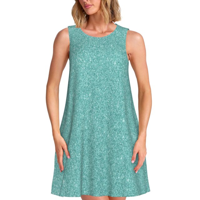 Fotbe Teal Green Glitter Vestido de Verano sin Mangas para Mujer – Vestido Midi Línea A, Estilo Camiseta Floral, Vestido Playero Casual y Fluido