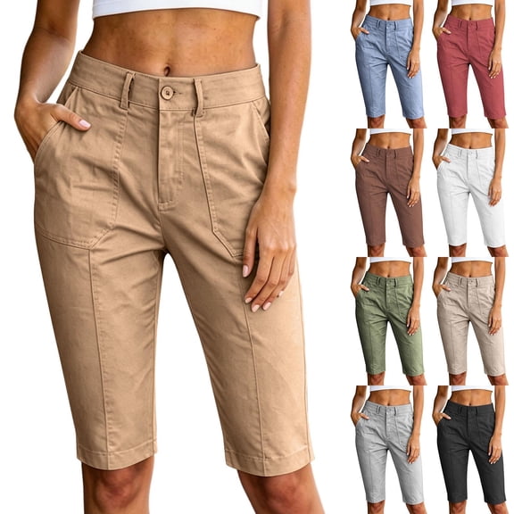 HomeDM Capri Pants for Women Knee Length Casual Work Cargo Shorts Khaki Cropped Pants with Pockets Size L