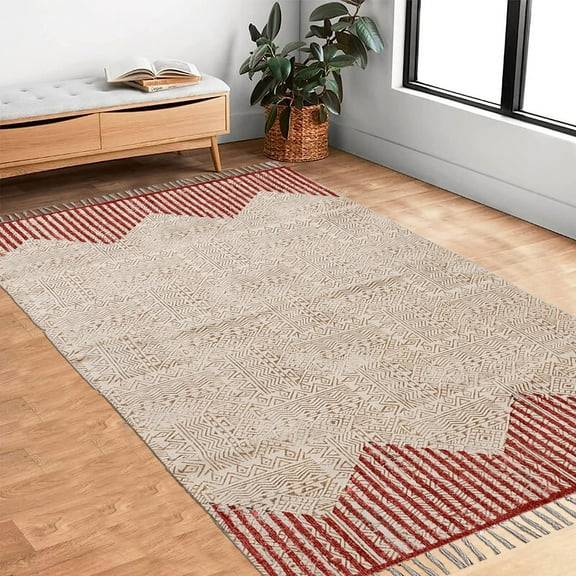 Casavani Red Block Printed Cotton Area Rugs for Bedroom and Living Room, Ourdoor Patio Rug 2x3 feet
