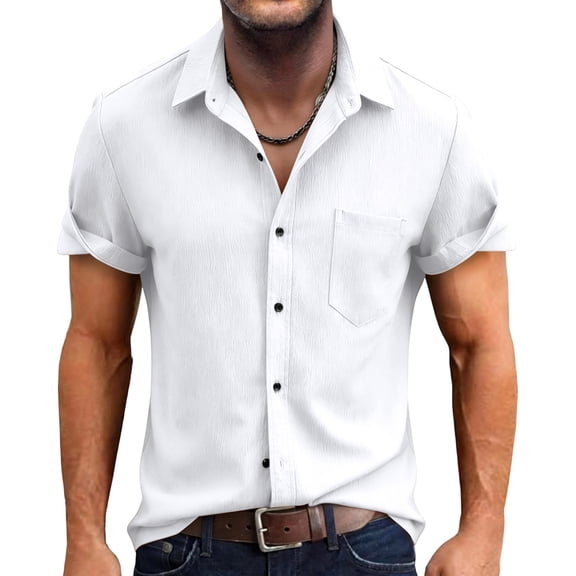 JULMCOMO Cotton Linen Shirts for Men Collared Roll Cuff Short Sleeve Breathable Lightweight Casual Summer Button Down Shirt White L